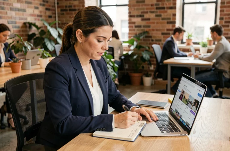 Femme professionnelle suivant une formation en ligne dans un espace de coworking moderne, prenant des notes sur un carnet ouvert devant un ordinateur portable