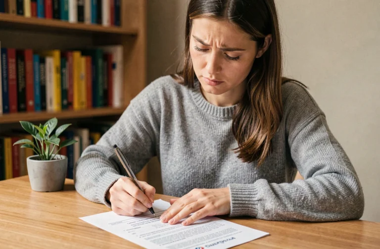 Femme remplissant un questionnaire d'orientation professionnelle à son bureau à domicile