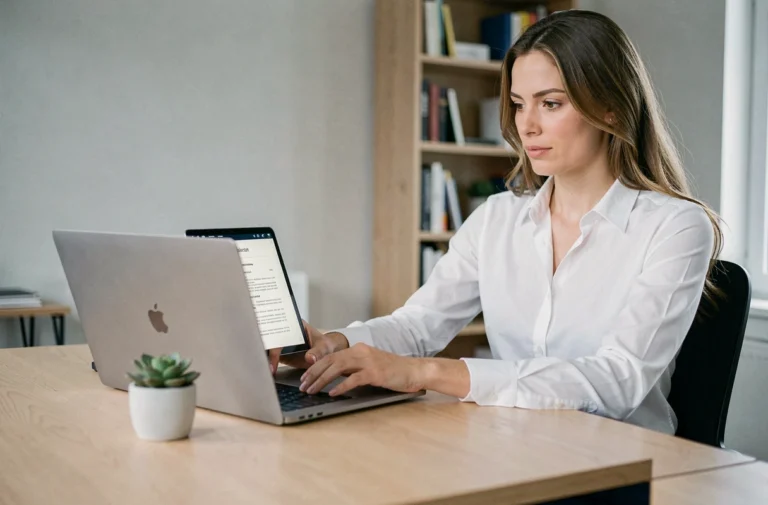 Femme professionnelle consultant son CV sur un ordinateur portable dans un bureau minimaliste pour optimiser sa recherche d'emploi en ligne