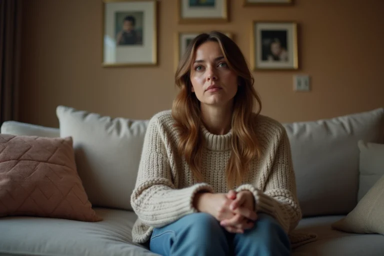 Femme assise sur un canapé dans un intérieur chaleureux