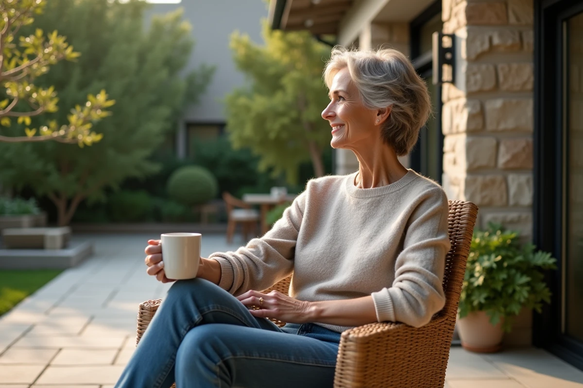 Femme détendue sur un patio extérieur avec tasse de café