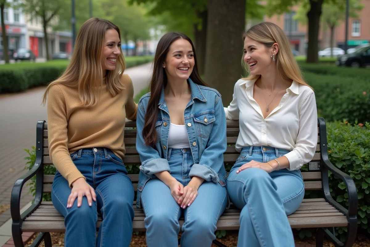 Trois femmes assises dans un parc portant différents styles de jeans