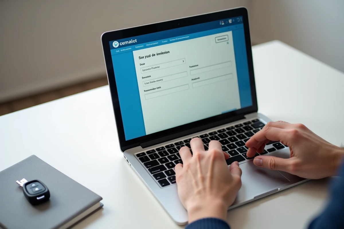 Gros plan de mains saisissant des informations de véhicule sur un formulaire d'estimation argus auto en ligne