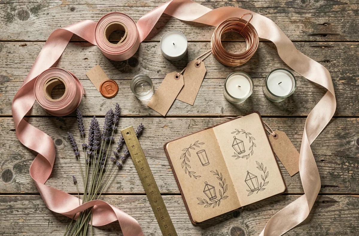 Disposition à plat de fournitures de décoration événementielle incluant rubans en satin, porte-bougies en verre et étiquettes kraft sur bois recyclé
