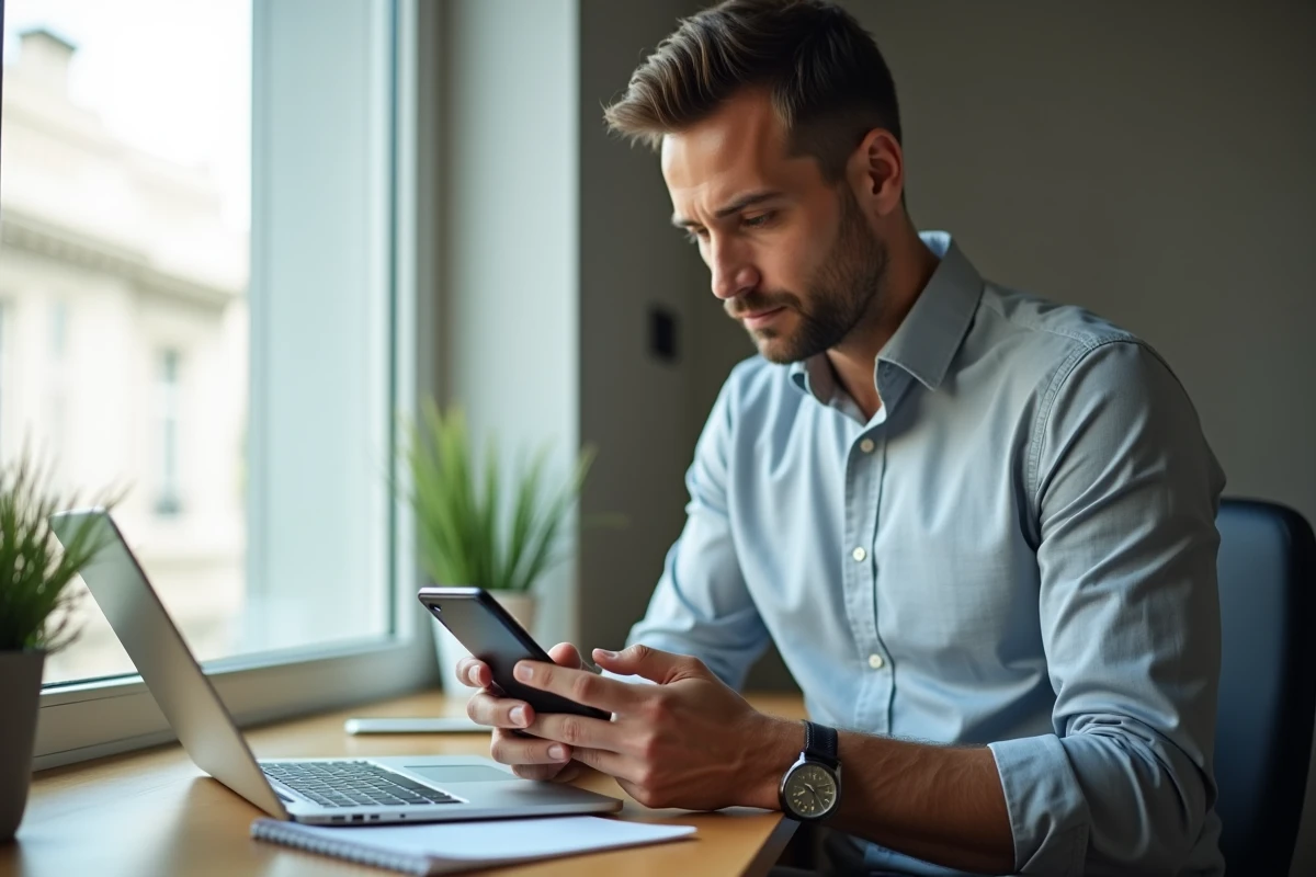 Homme gérant son compte Securitas en ligne depuis un smartphone dans un bureau à domicile
