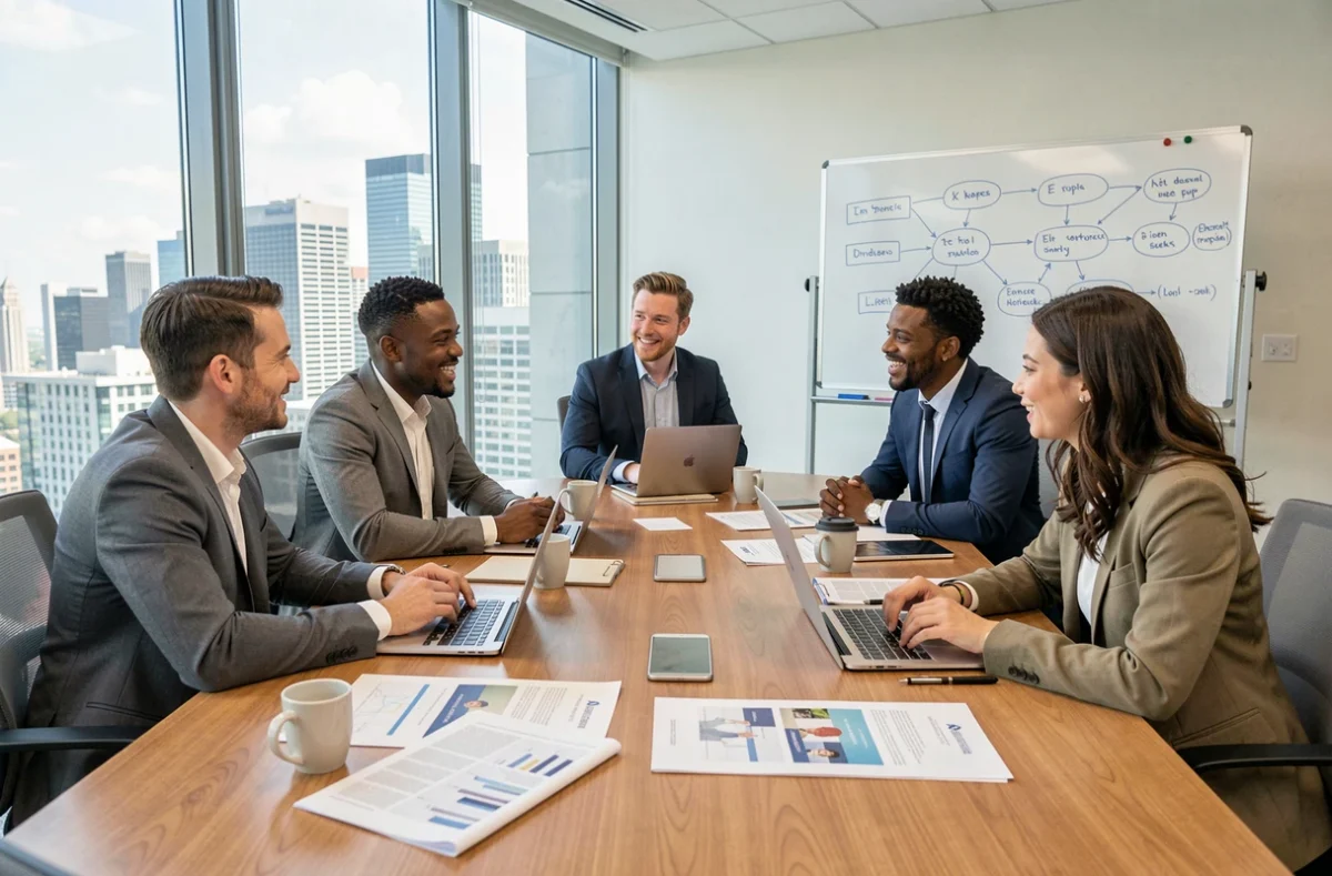 Groupe de professionnels adultes participant à un atelier de formation en entreprise autour d'une table de réunion avec des supports pédagogiques