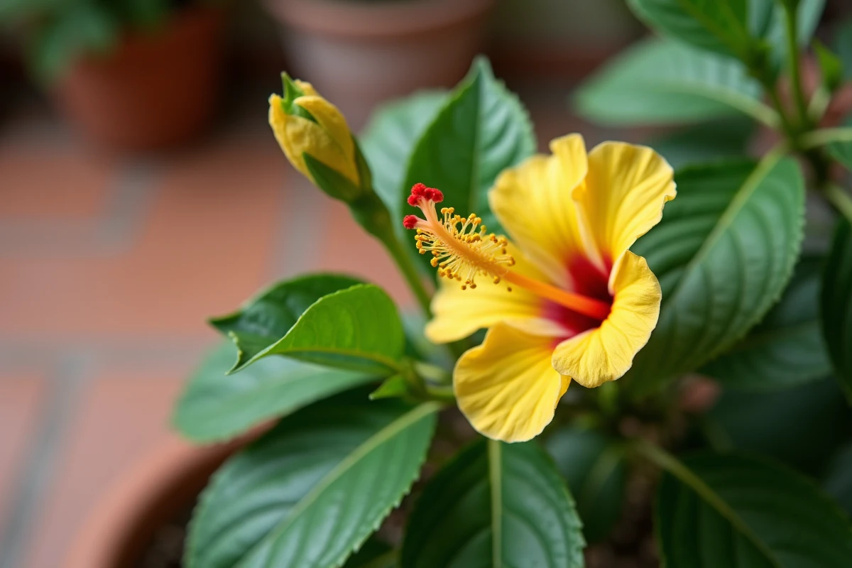 Détail botanique d'un hibiscus avec feuilles palmées, bouton floral et fleur jaune épanouie sur terrasse en carrelage