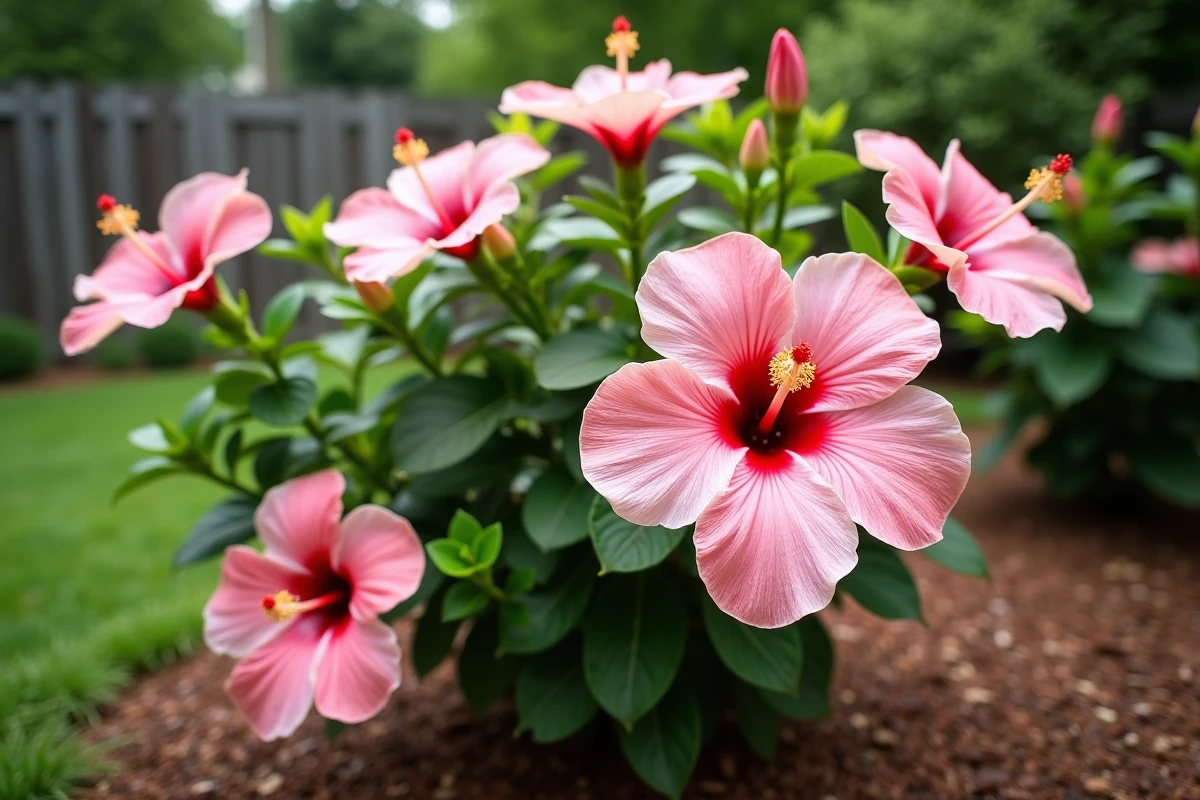 Arbuste hibiscus d'extérieur en fleurs roses dans un jardin résidentiel avec feuillage vert dense et sol paillé