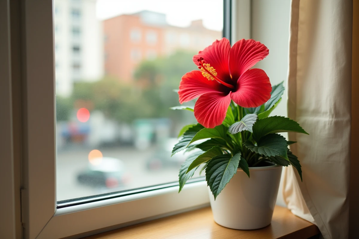 Hibiscus d'intérieur en pot sur un rebord de fenêtre avec grandes fleurs rouges en trompette et feuilles vert foncé dentelées