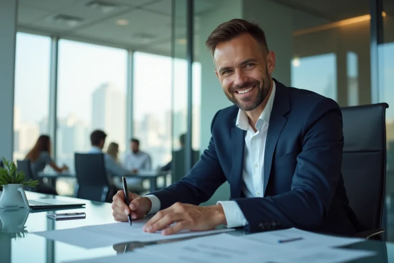 Homme d affaires en costume navy dans un bureau moderne