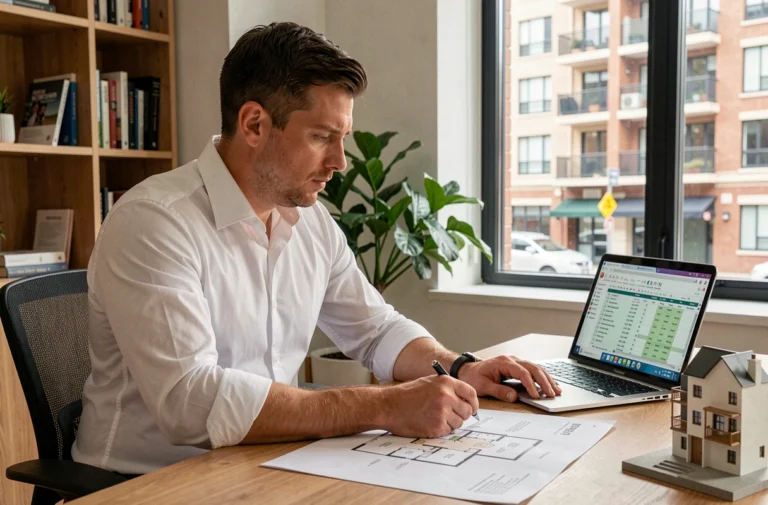 Homme analysant des documents immobiliers et des plans de propriété sur un bureau moderne pour préparer un investissement immobilier