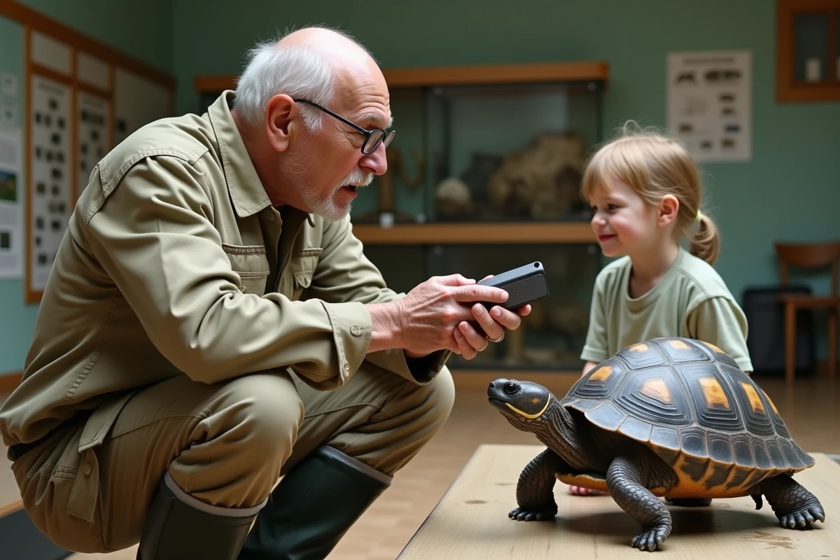 Homme et enfant avec une tortue dans centre animalier