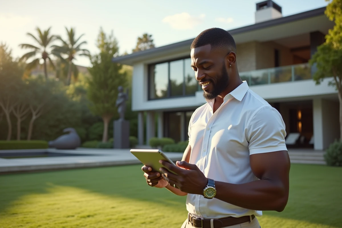 Homme d affaires regardant des plans sur une tablette en extérieur
