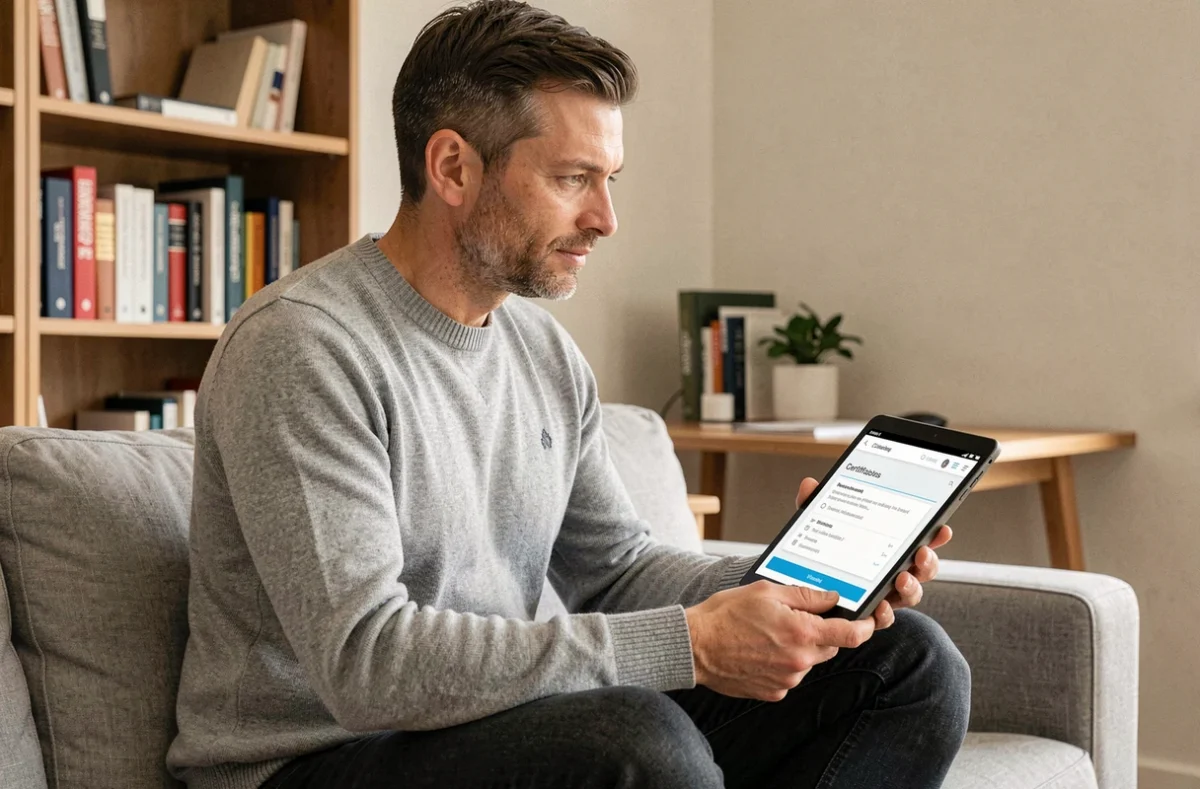 Homme professionnel suivant une formation certifiante sur tablette numérique depuis son bureau à domicile dans un cadre confortable et organisé
