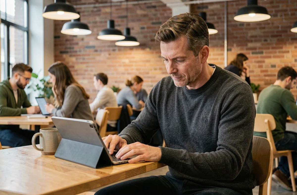 Homme d'âge mûr consultant des offres d'emploi sur une tablette dans un espace de coworking urbain pour sa recherche d'emploi en ligne