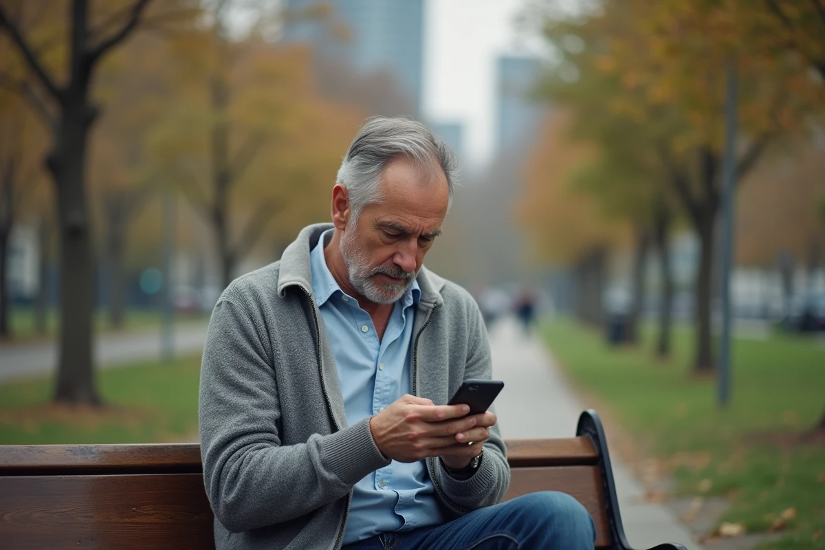 Homme regardant son téléphone dans un parc en automne