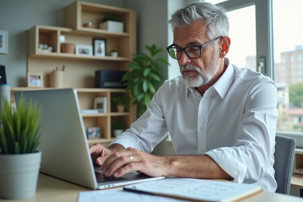 Homme de 62 ans utilisant un simulateur de retraite en ligne sur un ordinateur portable dans son bureau à domicile avec des notes manuscrites