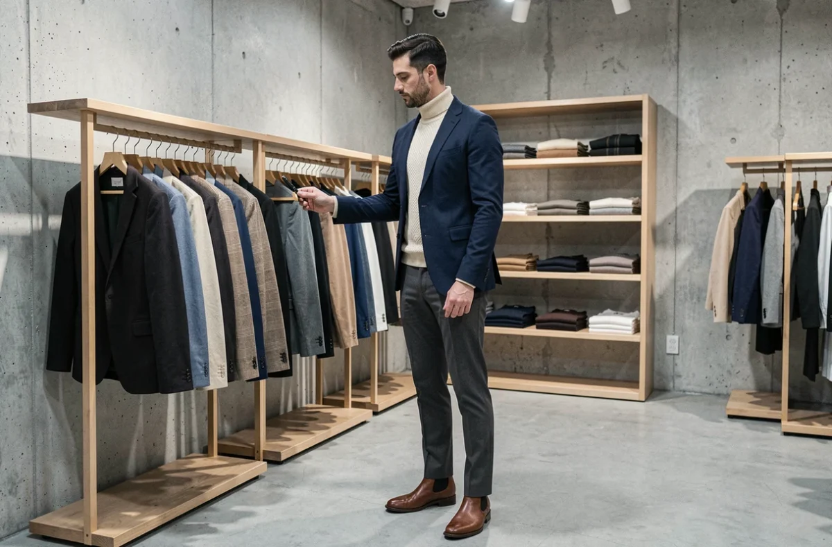 Homme stylé en blazer marine et col roulé crème dans une boutique mode minimaliste, tendances mode masculine chic