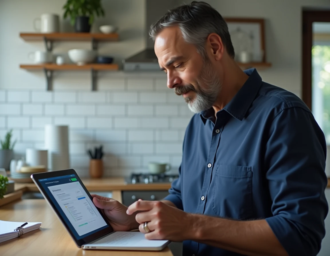 Homme utilisant une tablette pour accéder à l'état civil en ligne dans sa cuisine