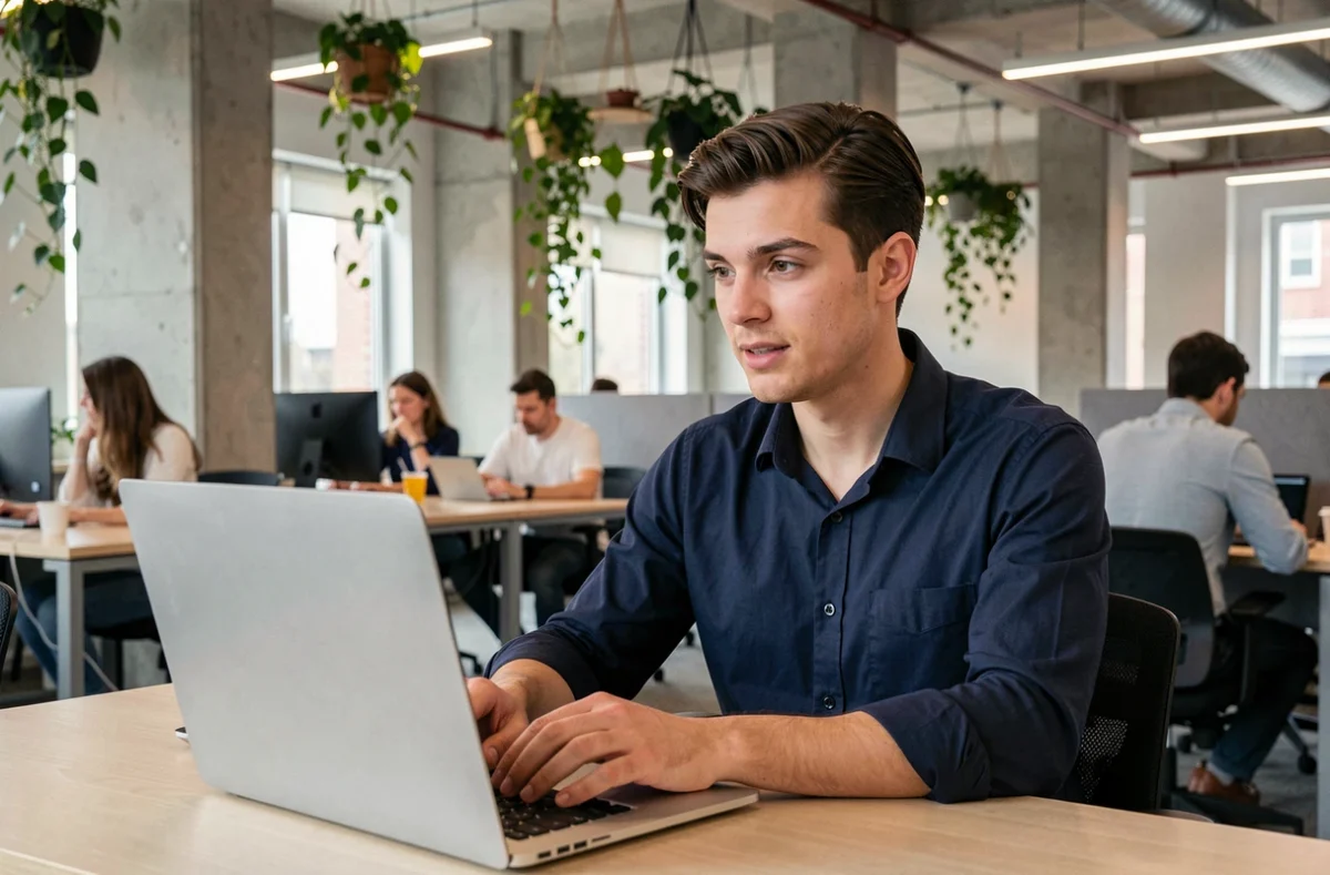 Jeune homme effectuant un test d'orientation professionnelle en ligne dans un espace de coworking