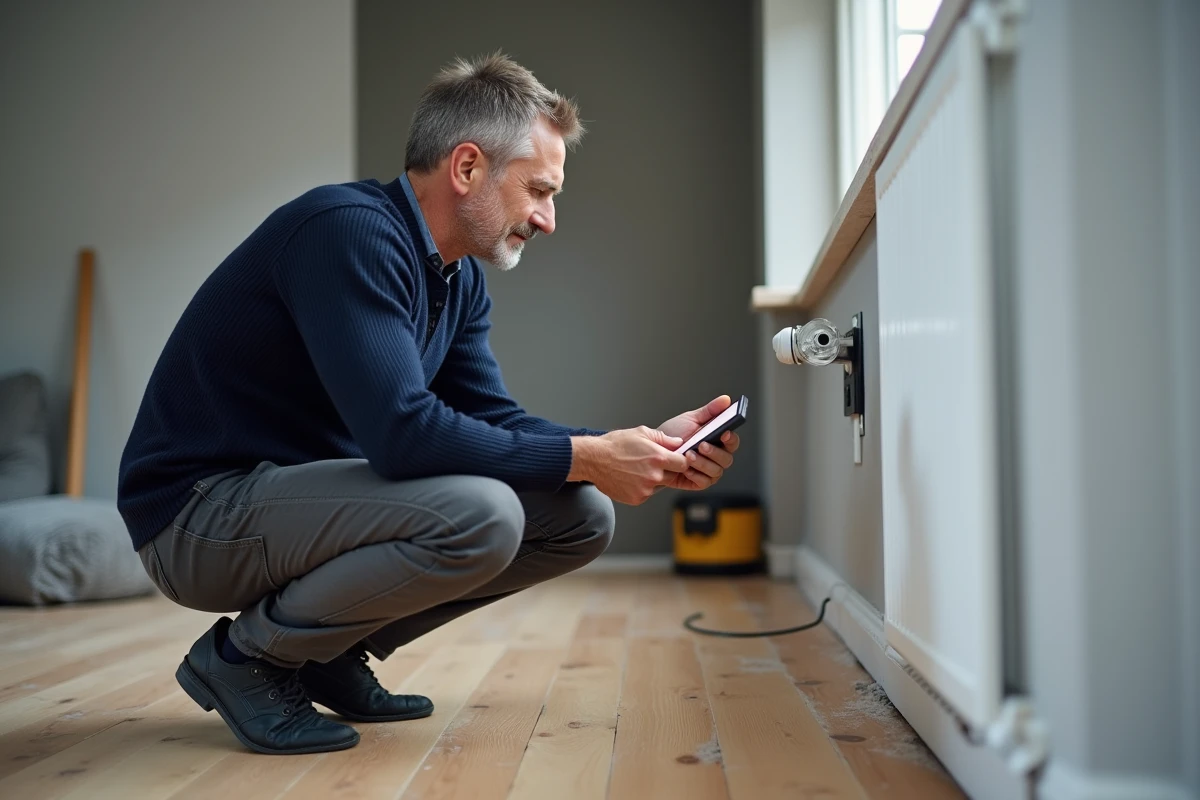 Homme inspectant un thermostat de chauffage au sol dans un salon en cours de rénovation moderne