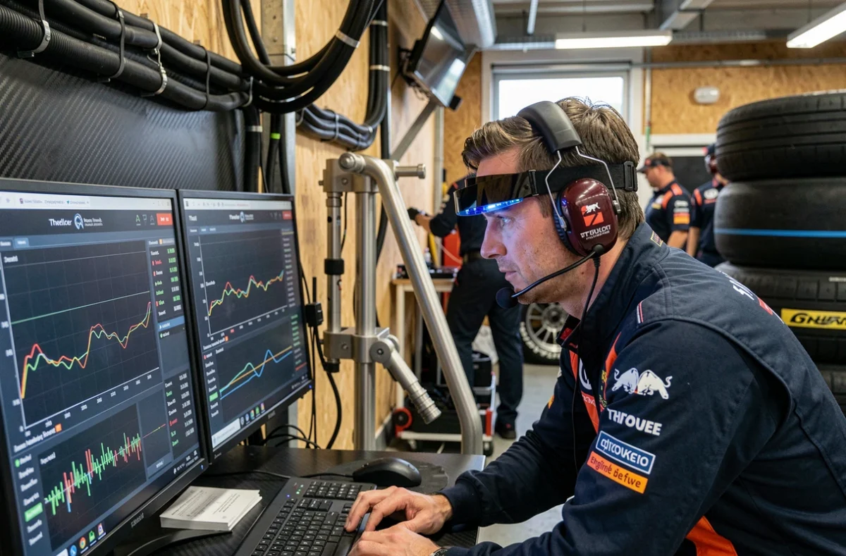 Ingénieur de course F1 analysant des données télémétriques de lift and coast sur les écrans du mur des stands, garage moderne de Formule 1