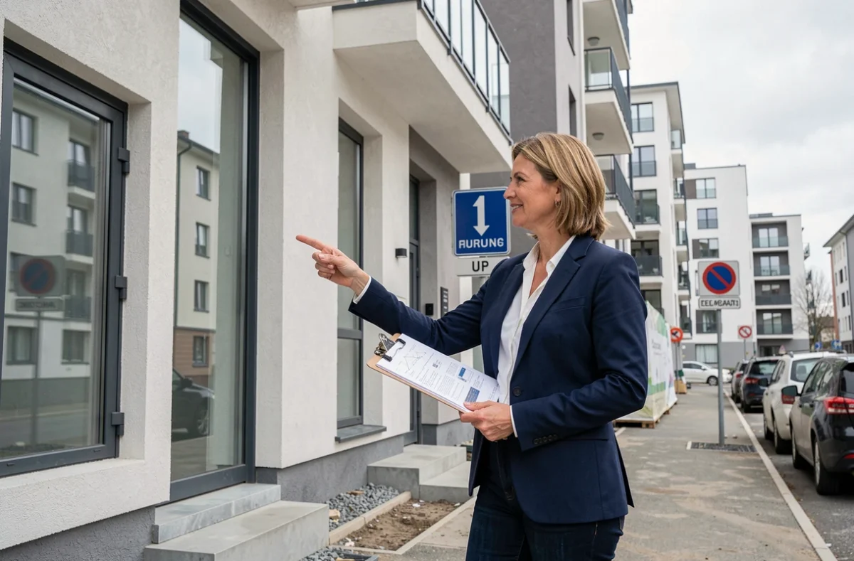 Femme investisseuse immobilière évaluant la facade d'un immeuble résidentiel neuf avec une liste de vérification