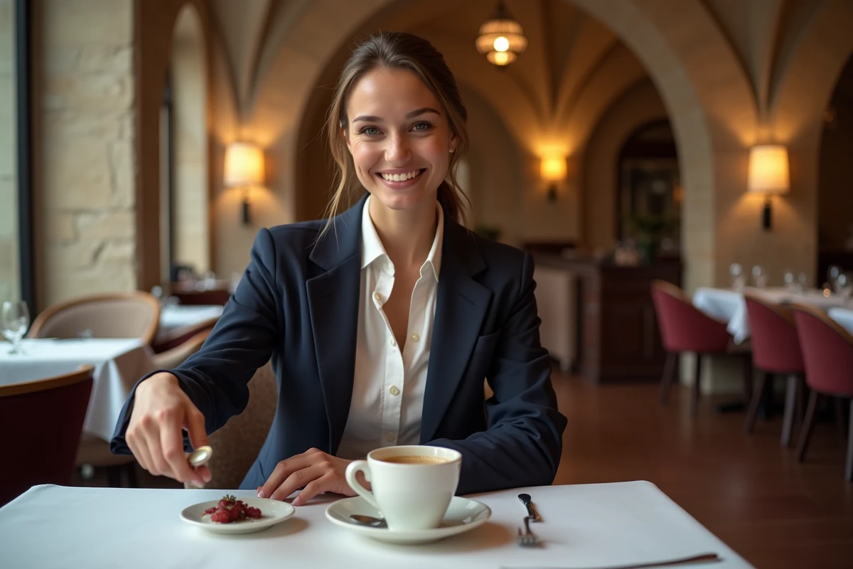 Jeune femme laissant un pourboire dans un restaurant gastronomique