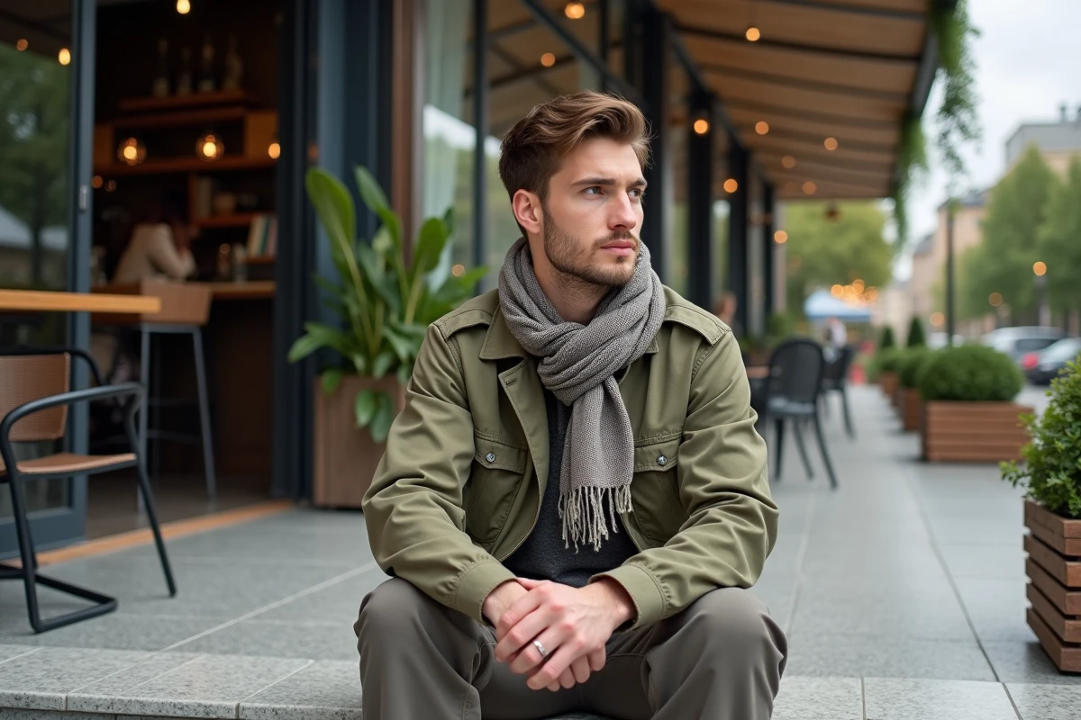 Jeune homme en pantalon large au café extérieur