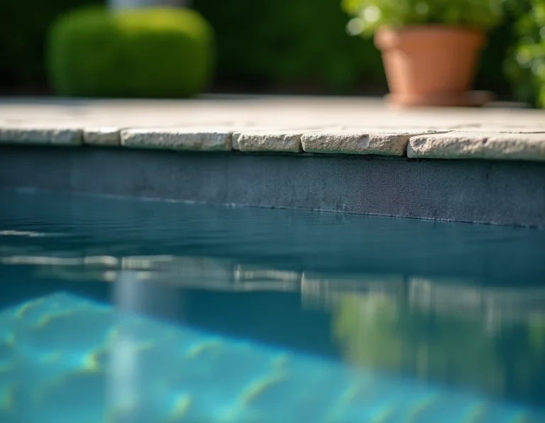 Gros plan sur un liner gris anthracite de piscine avec texture détaillée et gouttelettes d'eau