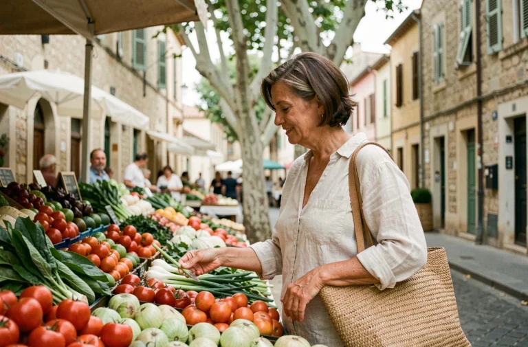 Femme faisant ses courses au marché de plein air dans le 9ème arrondissement de Marseille, ambiance de vie quotidienne provençale
