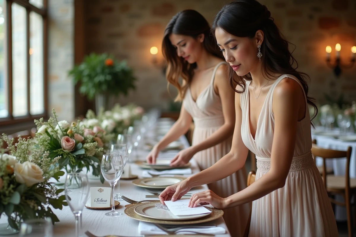 Deux femmes organisant la décoration d une table de mariage