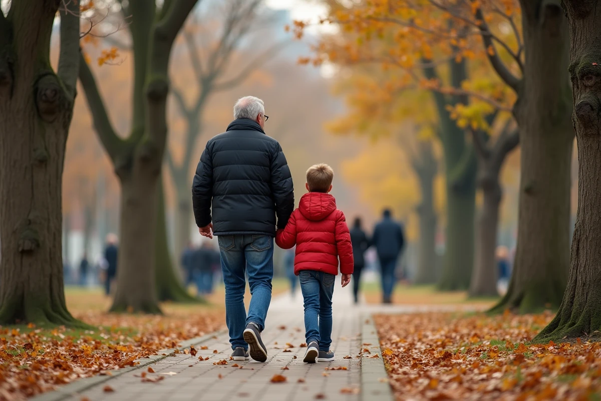 Père et fils se promènent dans un parc urbain en automne