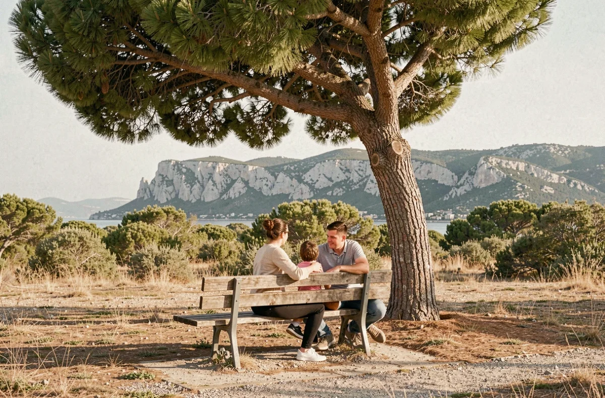 Famille se reposant dans un parc public du 9ème arrondissement de Marseille avec vue sur les collines environnantes