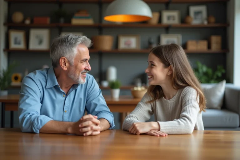 Père et fille discutent à table dans un intérieur chaleureux