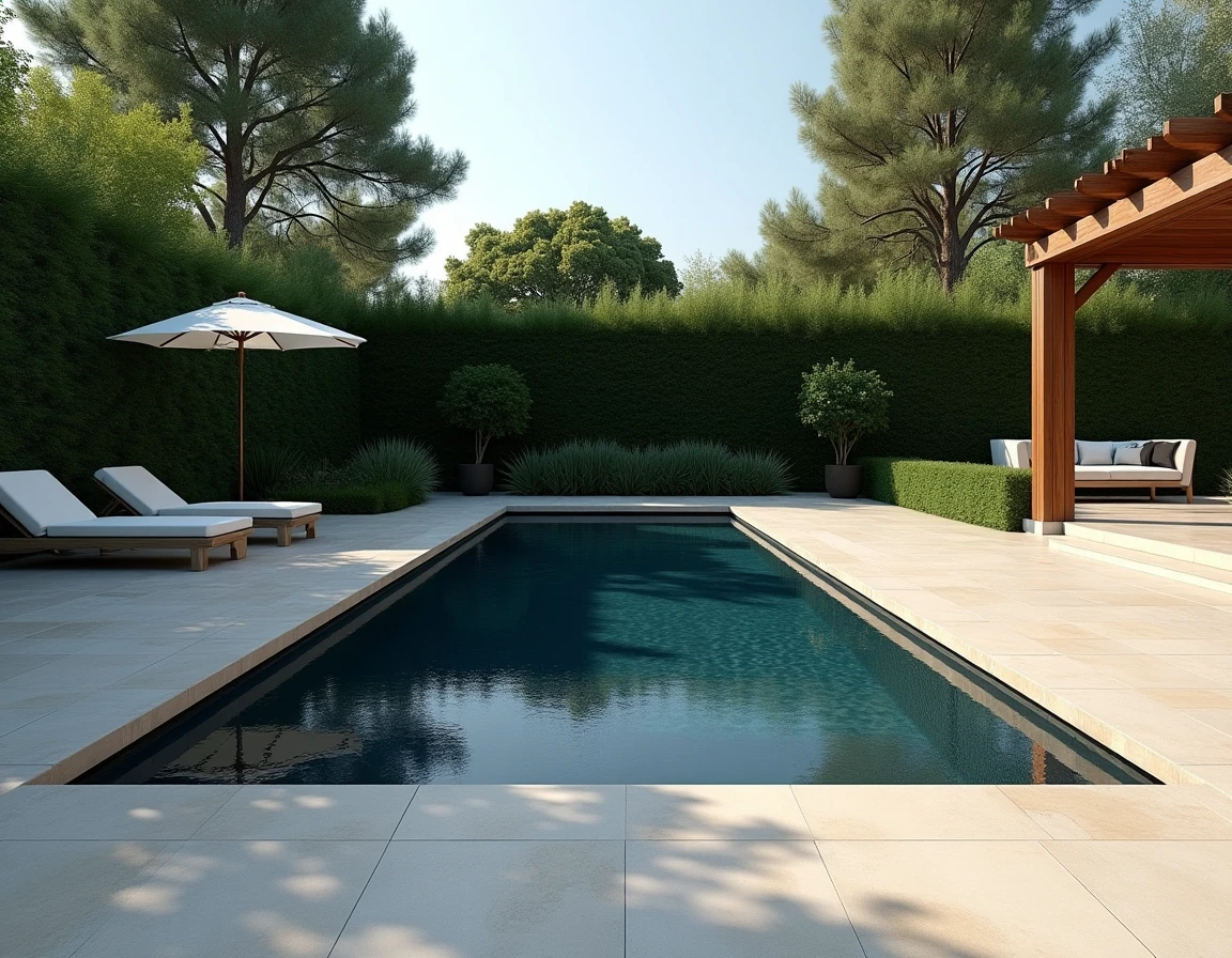 Vue d'ensemble d'une piscine avec liner gris anthracite et margelles en travertin dans un jardin résidentiel
