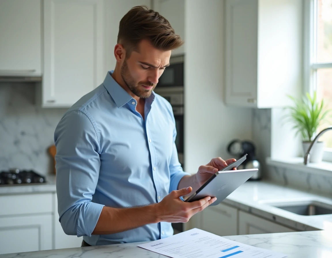 Homme résolvant un problème de connexion au portail propriétaires ITEA sur une tablette dans la cuisine