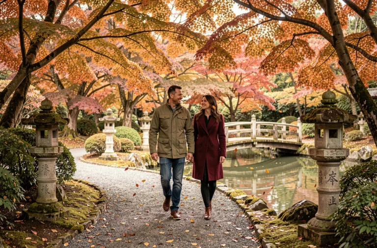 Couple se promenant dans le parc oriental de Maulévrier en automne avec des érables aux couleurs orangées