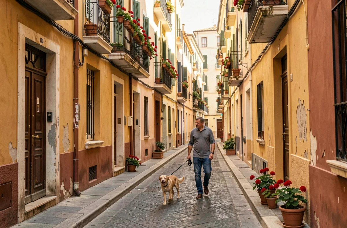 Rue résidentielle typique du 9ème arrondissement de Marseille avec immeubles provençaux et habitant promenant son chien