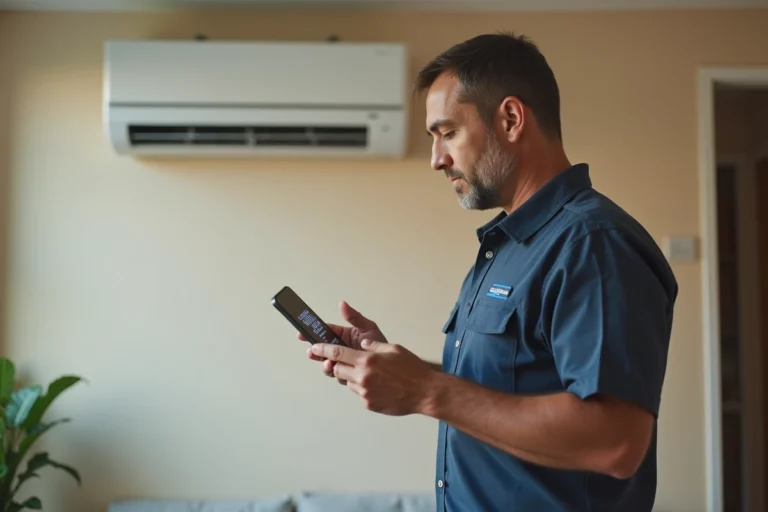 Technicien vérifiant une climatisation avec smartphone dans un salon