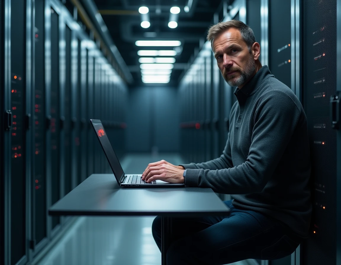Technicien informatique gérant l'infrastructure de données en entreprise avec la solution Prolencia Smart FR dans une salle de serveurs