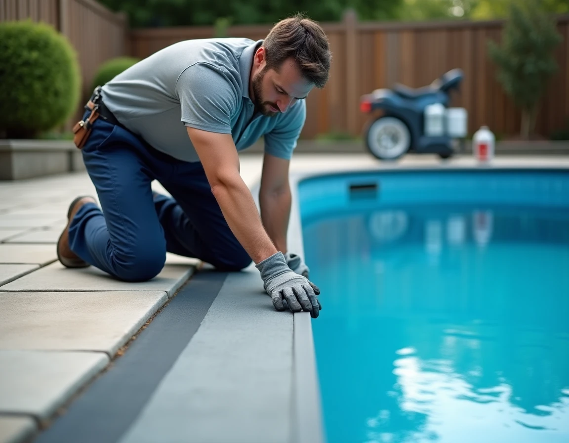 Technicien piscine inspectant la décoloration d'un liner gris anthracite au bord de la piscine