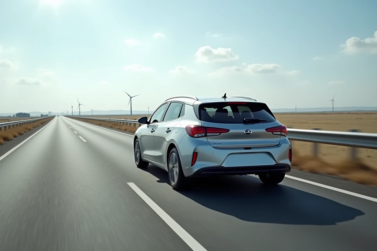 Voiture hybride roulant sur une autoroute française entourée de paysage rural avec éoliennes en arrière-plan