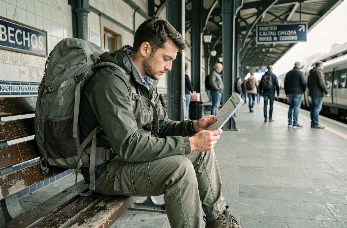 Voyageur solidaire consultant son itinéraire sur un quai de gare en France